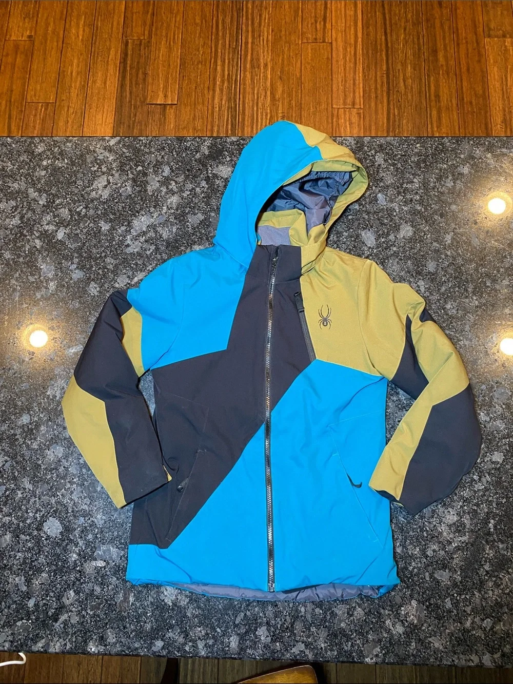 Spyder Ambush Ski Kids Colorblock Hooded Puffer Jacket Blue, Olive & Black Sz 14